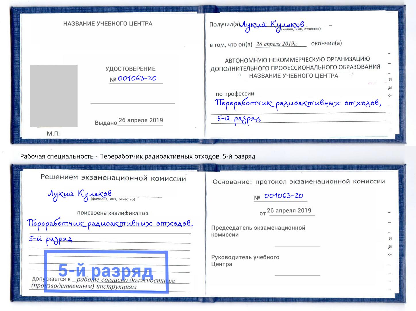 корочка 5-й разряд Переработчик радиоактивных отходов Великий Новгород