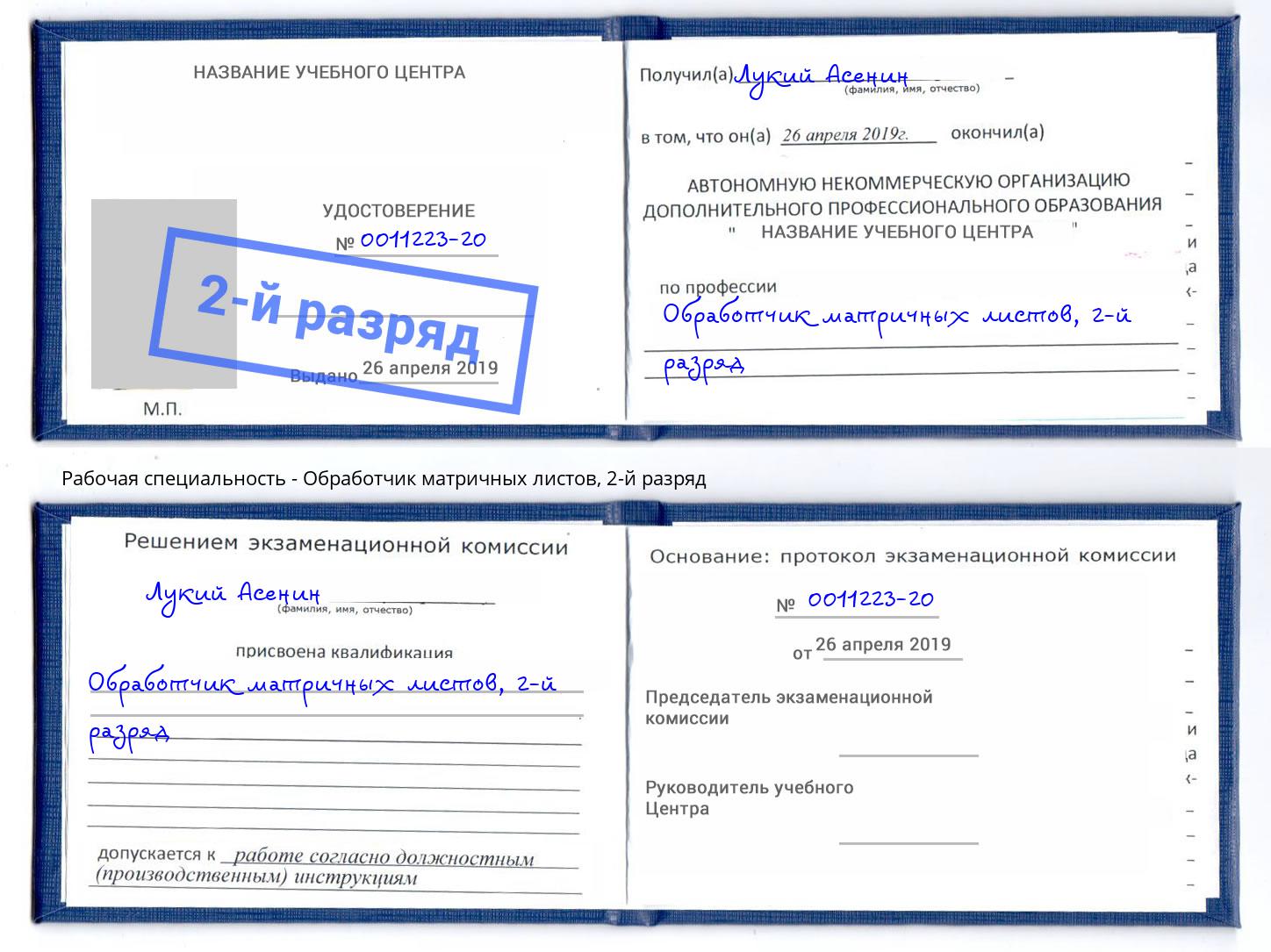 корочка 2-й разряд Обработчик матричных листов Великий Новгород